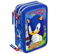 Clondo Astuccio 3 Scomparti, 45 Pezzi, Per Sonic Fan, 2 Penne Gel Cancellabili, Colla, Forbici, Pastelli 4.0, 3 Zip, Bambini, Scuola Elementare e Regalo, Rosso e Blu