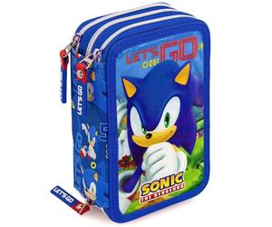 Clondo Astuccio 3 Scomparti, 45 Pezzi, Per Sonic Fan, 2 Penne Gel Cancellabili, Colla, Forbici, Pastelli 4.0, 3 Zip, Bambini, Scuola Elementare e Regalo, Rosso e Blu