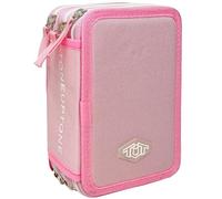 Clondo Astuccio 3 Scomparti Bambini, Triplo Riempito, 45 Accessori Scuola Elementare Bambina e Bambino, 3 Zip, 20cm, Forbici, Rigello, Pastelli, Pennarelli, Forbici (Rosa Light)