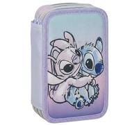 Clondo Astuccio 3 Scomparti Completo, Per Stitch e Angel Fan, 44 Pezzi Inclusi, Penne, Matite, Pennarelli, Pastelli, Forbici - Scuola Elementare e Regalo - Gadget Ufficiale Per Bambina
