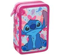 Clondo Astuccio 3 Scomparti Completo, Per Stitch Fan, 44 Pezzi Inclusi, Penne, Matite, Pennarelli, Pastelli, Forbici - Scuola Elementare e Regalo - Gadget Ufficiale Per Bambina Rosa