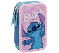 Clondo Astuccio 3 Scomparti Completo, Per Stitch Fan, 44 Pezzi Inclusi, Penne, Matite, Pennarelli, Pastelli, Righello - Scuola Elementare e Regalo - Gadget Ufficiale Per Bambina