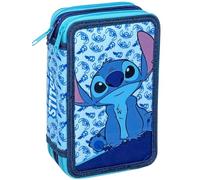 Clondo Astuccio 3 Scomparti Completo, Per Stitch Fan, 44 Pezzi Inclusi, Penne, Matite, Pennarelli, Pastelli, Forbici - Scuola Elementare e Regalo - Gadget Ufficiale Per Bambini