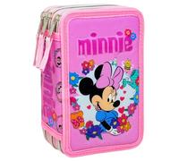 Clondo Astuccio 3 Scomparti Scuola Bambina Per Minnie Fan Completo 44 Pezzi - Effetto 3D con Personaggi - 20x12x7 cm - Kit Cancelleria Triplo Corredo Elementare e Primaria 6+ Anni
