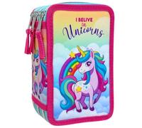 Clondo Astuccio 3D 3 Scomparti Bambina, Per Unicorno Fan, Triplo Riempito, 44 Accessori Scuola Elementare, 3 Zip, 20cm, Riga, Pastelli, Pennarelli