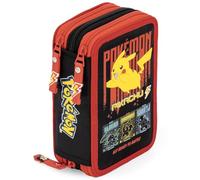 Clondo Astuccio Scuola 3 Scomparti Completo Per Pokemon Fan - 46 Accessori Bambini - Kit Cancelleria con 3 Penne Gel Cancellabili, Pennarelli, Pastelli, Colla, Evidenziatore