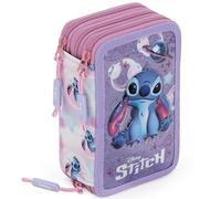 Clondo Astuccio Scuola 3 Scomparti Completo Per Stitch Fan - 46 Accessori Bambini - Kit Cancelleria con 3 Penne Gel Cancellabili, Pennarelli, Pastelli, Colla, Evidenziatore