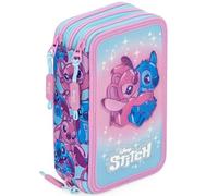 Clondo Astuccio Scuola 3 Scomparti Completo Per Stitch Fan - 46 Accessori Bambini - Kit Cancelleria con 3 Penne Gel Cancellabili, Pennarelli, Pastelli, Colla, Evidenziatore