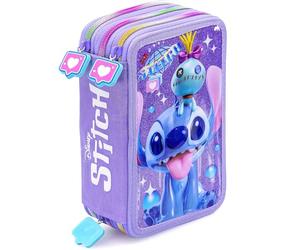 Clondo Astuccio Scuola 3 Scomparti Completo Per Stitch Fan - 46 Accessori Bambini - Kit Cancelleria con 3 Penne Gel Cancellabili, Pennarelli, Pastelli, Colla, Evidenziatore