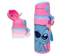 Clondo Borraccia per Bambini 3-10 Anni 600ml in Alluminio con Cannuccia e Tracolla | Bottiglia d'Acqua Anti-Goccia Asilo e Scuola | Idea Regalo con Targhetta Nome | Vari Personaggi (Stitch)