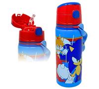 Clondo Borraccia per Bambini 3-10 Anni 600ml in Alluminio con Cannuccia e Tracolla | Bottiglia d'Acqua Anti-Goccia Asilo e Scuola | Idea Regalo con Targhetta Nome | Vari Personaggi (Sonic)