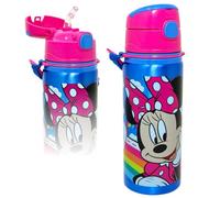 Clondo Borraccia per Bambini 3-10 Anni 600ml in Alluminio con Cannuccia e Tracolla | Bottiglia d'Acqua Anti-Goccia Asilo e Scuola | Idea Regalo con Targhetta Nome | Vari Personaggi (Minnie)