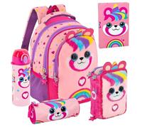 Clondo School Pack 5 pezzi - Zaino Scuola Ergonomico, Astuccio 3 Scomparti 45 pezzi, Borraccia Termica, Diario Scuola, Tombolino - Regalo Bambina per Scuola Elementare - Julian Ross Pandacorno