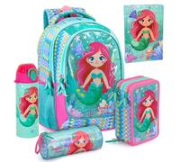 Clondo School Pack 5 pezzi - Zaino Scuola Ergonomico, Astuccio 3 Scomparti 45 pezzi, Borraccia Termica, Diario Scuola, Tombolino - Regalo Bambini per Scuola Elementare - Julian Ross Sirena