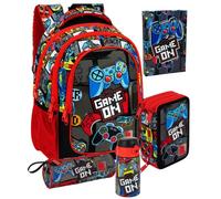 Clondo School Pack 5 pezzi - Zaino Scuola Ergonomico, Astuccio 3 Scomparti 45 pezzi, Borraccia Termica, Diario Scuola, Tombolino - Regalo Bambini per Scuola Elementare (Gamer Squad)