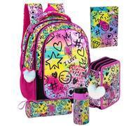Clondo School Pack 5 pezzi - Zaino Scuola Ergonomico, Astuccio 3 Scomparti 45 pezzi, Borraccia Termica, Diario Scuola, Tombolino - Regalo Bambina per Scuola Elementare (Shiny Mood)