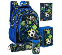 Clondo School Pack 5 pezzi - Zaino Scuola Ergonomico, Astuccio 3 Scomparti 45 pezzi, Borraccia Termica, Diario Scuola, Tombolino - Regalo Bambini per Scuola Elementare (Goal Power)