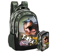 Clondo School Pack Completo Zaino Scuola Ergonomico 33x43x20 cm con Astuccio coordinato 3 Scomparti 46 Pezzi - Julian Ross - Scuola Elementare e Regalo Bambini (Jungle Rex)