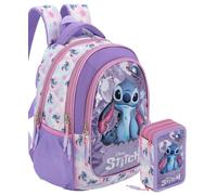 Clondo School Pack Completo Zaino Scuola Ergonomico 33x43x20 cm con Astuccio coordinato 3 Scomparti 46 Pezzi - Per Stitch Fan - Elementare e Regalo Bambina