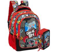 Clondo School Pack Completo Zaino Scuola Ergonomico 33x43x20 cm con Astuccio coordinato 3 Scomparti 46 Pezzi - Julian Ross - Scuola Elementare e Regalo Bambini (Gamer Squad)