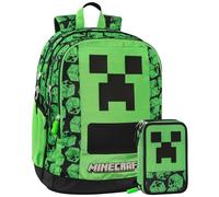 Clondo Schoolpack Zaino con Astuccio 3 Scomparti, Scuola e Tempo Libero, Bambini e Ragazzi, Multizip, Pennarelli, Pastelli, Accessori, Bambino, Bambina (Minecraft Verde)