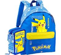 Clondo Schoolpack Zaino con Astuccio 3 Scomparti, Scuola e Tempo Libero, Bambini e Ragazzi, Multizip, Pennarelli, Pastelli, Accessori, Bambino, Bambina (Poke Blu)