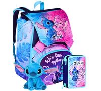 Clondo Schoolpack Zaino Estensibile + Astuccio 3 Scomparti + Peluche 18cm, Per Stitch Fan, Scuola e Tempo Libero, Bambini e Ragazzi, Multizip, Pennarelli, Pastelli, Bambina