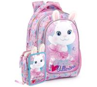 Clondo Set Scuola 2 Pezzi con Zaino Scuola Elementare Bambina 43cm Ergonomico + Astuccio 3 Scomparti Completo (45 Accessori) | School Pack Julian Ross Ballerina