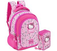 Clondo Set Scuola 2 Pezzi Per Hello Kitty Fan Zaino Scuola Elementare Bambina 43cm Ergonomico + Astuccio 3 Scomparti Completo (46 Accessori) | School Pack Personaggi