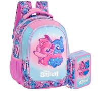 Clondo Set Scuola 2 Pezzi Per Stitch e Angel Fan Zaino Scuola Elementare Bambina 43cm Ergonomico + Astuccio 3 Scomparti Completo (46 Accessori) | School Pack Personaggi
