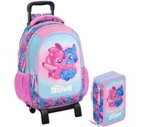 Clondo Set Scuola 2 Pezzi Per Stitch Fan Zaino Trolley Scuola 2in1 Ergonomico + Astuccio 3 Scomparti Completo (46 Accessori)