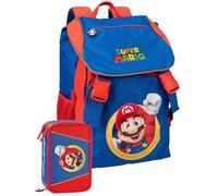 Clondo Set Scuola 2 Pezzi Per Super Mario Fan Zaino Scuola Elementare Bambino + Astuccio 3 Scomparti Completo (45 Accessori)