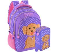 Clondo Set Scuola 2 Pezzi Zaino Scuola Elementare Bambina 43cm Ergonomico + Astuccio 3 Scomparti Completo coordinato (45 Accessori) | Julian Ross Barboncino Toy Cucciolo