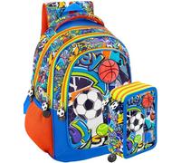 Clondo Zaino Scuola Ergonomico 33x43x15 cm con Astuccio coordinato 3 Scomparti 45 Pezzi - School Pack Completo - Julian Ross Sport Graffiti - Scuola Elementare e Regalo Bambino