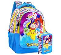 Clondo Zaino Scuola Ergonomico 33x43x15 cm con Astuccio coordinato 3 Scomparti 45 Pezzi - School Pack Completo - Per Pokemon Fan - Elementare e Regalo Bambini