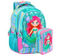 Clondo Zaino Scuola Ergonomico 33x43x15 cm con Astuccio coordinato 3 Scomparti 45 Pezzi - School Pack Completo - Julian Ross Sirena Glitter - Scuola Elementare e Regalo Bambina