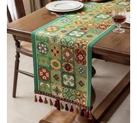 Clothfuna Runner da tavola etnico vintage bohémien, colorato con mandala marocchino con nappe, stile geometrico a quadretti patchwork, per tavolo da pranzo credenza, 35 x 160 cm, verde