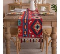 Clothfuna Runner da tavola geometrico jacquard, vintage bohémien, in misto cotone rosso e blu, con nappe, per tavolo da pranzo, feste e vacanze all'aperto, 33 x 160 cm