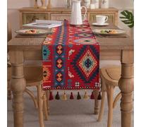 Clothfuna Runner da tavola geometrico jacquard, vintage bohémien, in misto cotone rosso e blu, con nappe, per tavolo da pranzo, feste e vacanze all'aperto, 33 x 180 cm