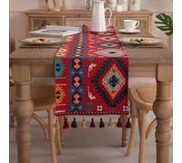 Clothfuna Runner da tavolo in jacquard bohémien, runner vintage in stile boho, miscela di cotone rosso e blu con nappe per tavolo da pranzo, feste, vacanze, esterni, 33x300 cm / 13x118 pollici