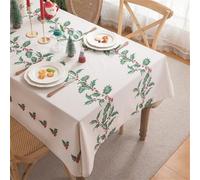 Clothfuna Tovaglia natalizia rettangolare, con foglie di agrifoglio, colore bianco, in lino e cotone, per feste, vacanze, tavolo da pranzo, 140 x 180 cm