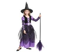 Cloudkids Costume da strega per ragazza, vestito da travestimento di Halloween con cappello e cintura per bambini Carnevale Cosplay Costume+Scopa (10-12 anni)