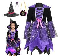 Cloudkids Costume luminoso per Halloween, strega da bambina, costume per cosplay carnevale (10-12 anni)