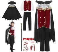 Cloudkids Travestimento Vampiro Ragazzo Halloween Cosplay Costume Travestimento Conte Bambino Gothic Carnival Party (Vestiti + Canna, 4-6 anni (Set di 1))
