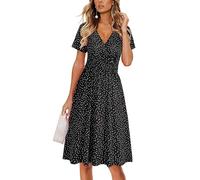 CLOUSPO Abito estivo da donna, a maniche corte, elegante, scollo a V, boho, abito da spiaggia, lunghezza al ginocchio, con volant, stile retrò, casual, per il tempo libero, linea A, con tasche, S