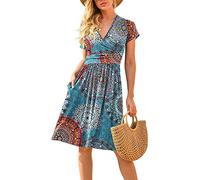 CLOUSPO Abito estivo da donna, a maniche corte, elegante, scollo a V, boho, lunghezza al ginocchio, con volant, stile retrò, casual, per il tempo libero, con tasche, Fiore D, L