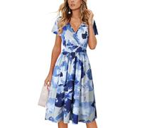CLOUSPO Abito estivo da donna, a maniche corte, elegante, scollo a V, boho, lunghezza al ginocchio, con volant, stile retrò, casual, per il tempo libero, con tasche, Azzurro, S