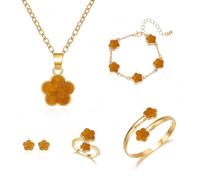 Clover - Set di gioielli da donna, non si ossidano, color oro, con quadrifoglio, collana, orecchini, anello, braccialetto alla moda semplice e alla moda, Lega di rame, Nessuna pietra preziosa