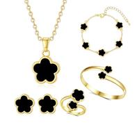 Clover - Set di gioielli da donna, non si ossidano, color oro, con quadrifoglio, collana, orecchini, anello, braccialetto alla moda semplice e alla moda, rame, oro 14 carati, Nessuna pietra preziosa