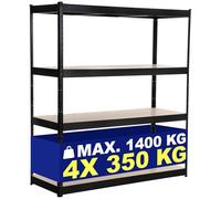 CLP Scaffale Zincato Professionale 160x60x180 Portata Tot 1400 kg E 350 kg per Ripiano I Scaffalatura Metallica 4 Mensole in Legno, Colore:Nero